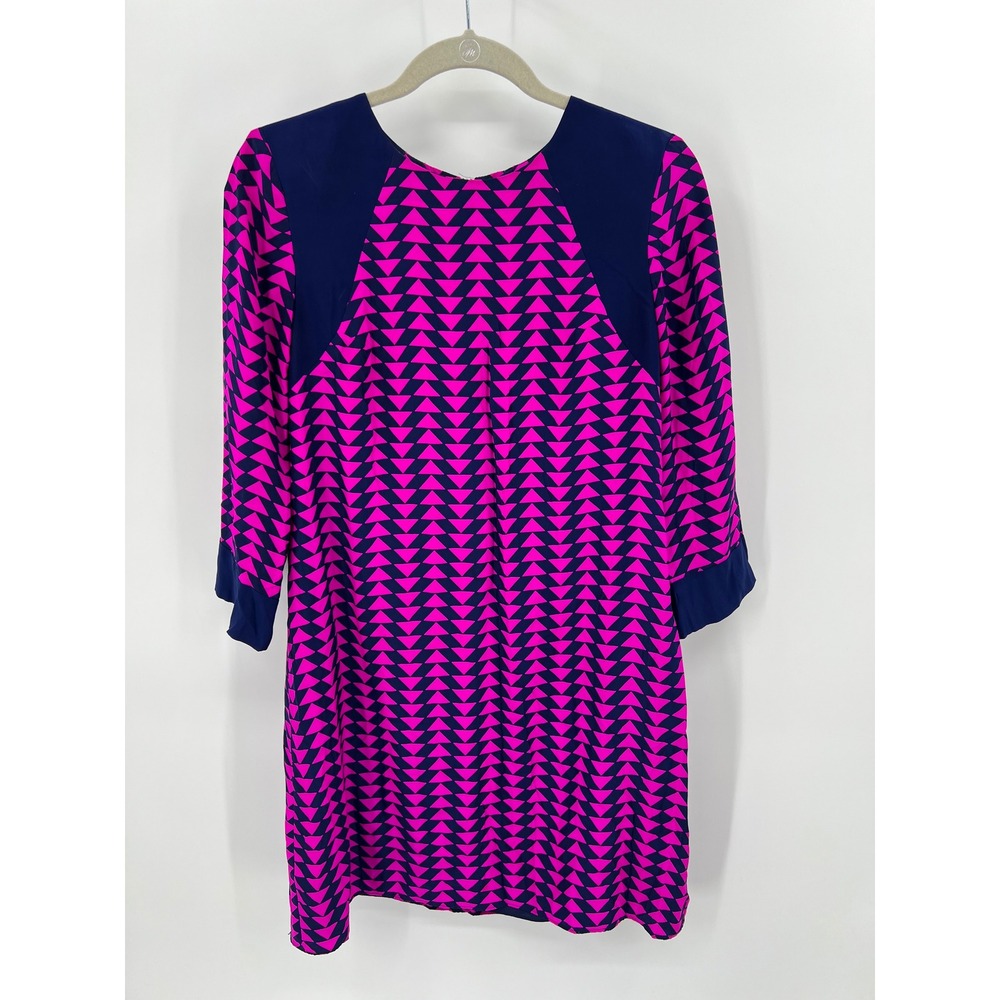 Alice+Trixie Silk Shift Dress‎ Pink Navy Blue Geometric Mod Print 3/4 Sleeve